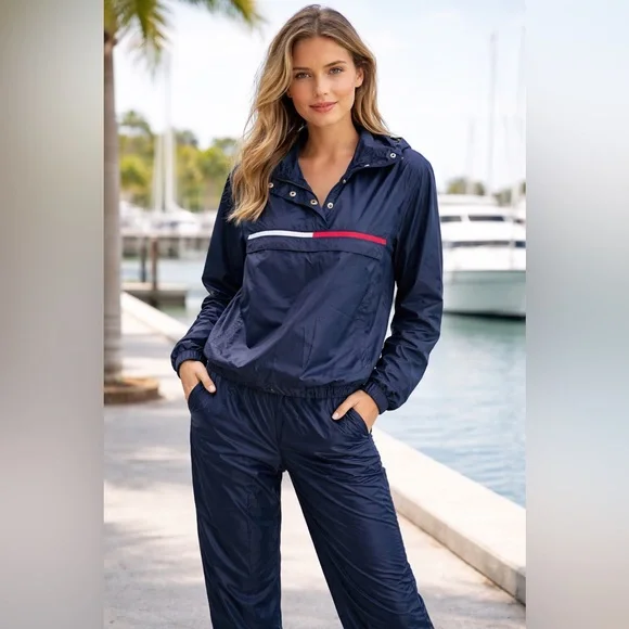 🔥 Tommy Hilfiger Vintage 90s Windbreaker Pullover Jacket Navy M 1/4 Zip Hoodie 🔥 - Picture 2 of 16